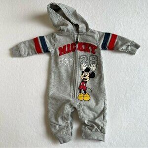 Disney Baby Grey Hooded Embroidered Mickey Mouse Jumpsuit 6m Sweatsuit